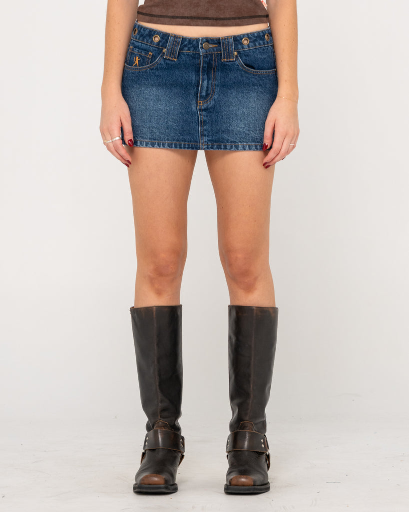 Blasted Eye Let Loose Denim Micro Skirt | Rusty USA
