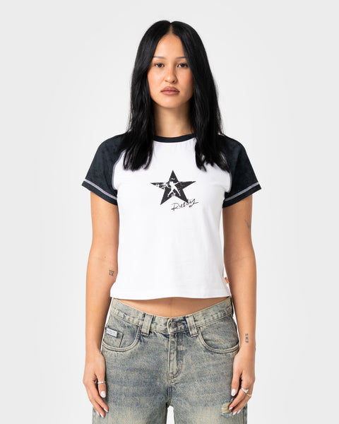 Starred Devil Raglan Baby Tee | Rusty USA