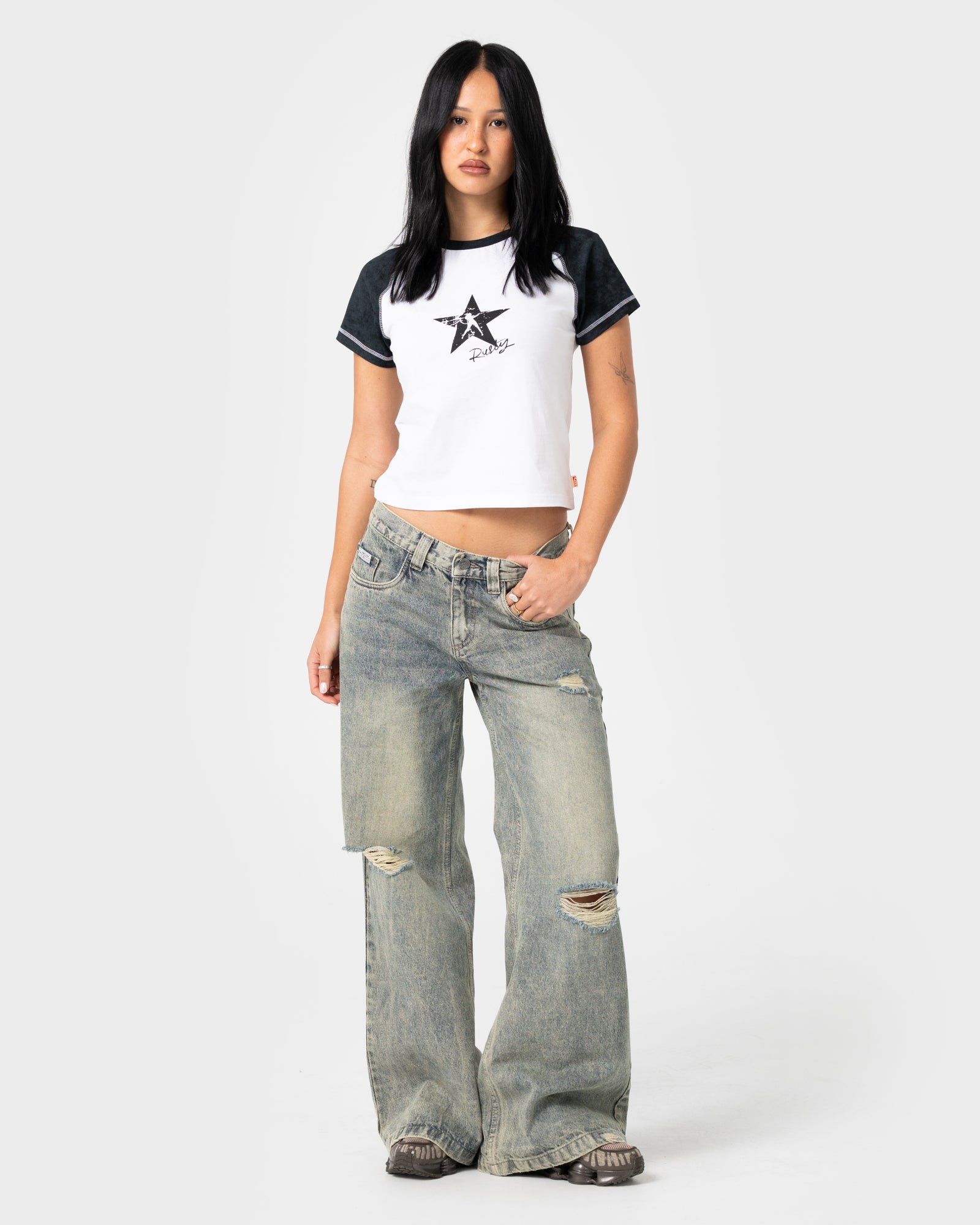 Starred Devil Raglan Baby Tee | Rusty USA