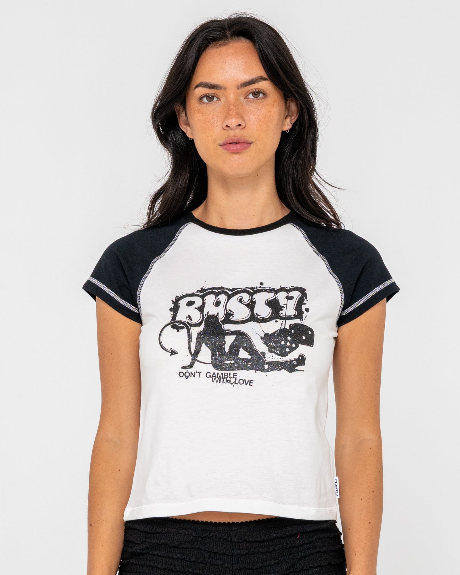 Double Dice Raglan Cap Sleeve Baby Tee | Rusty USA