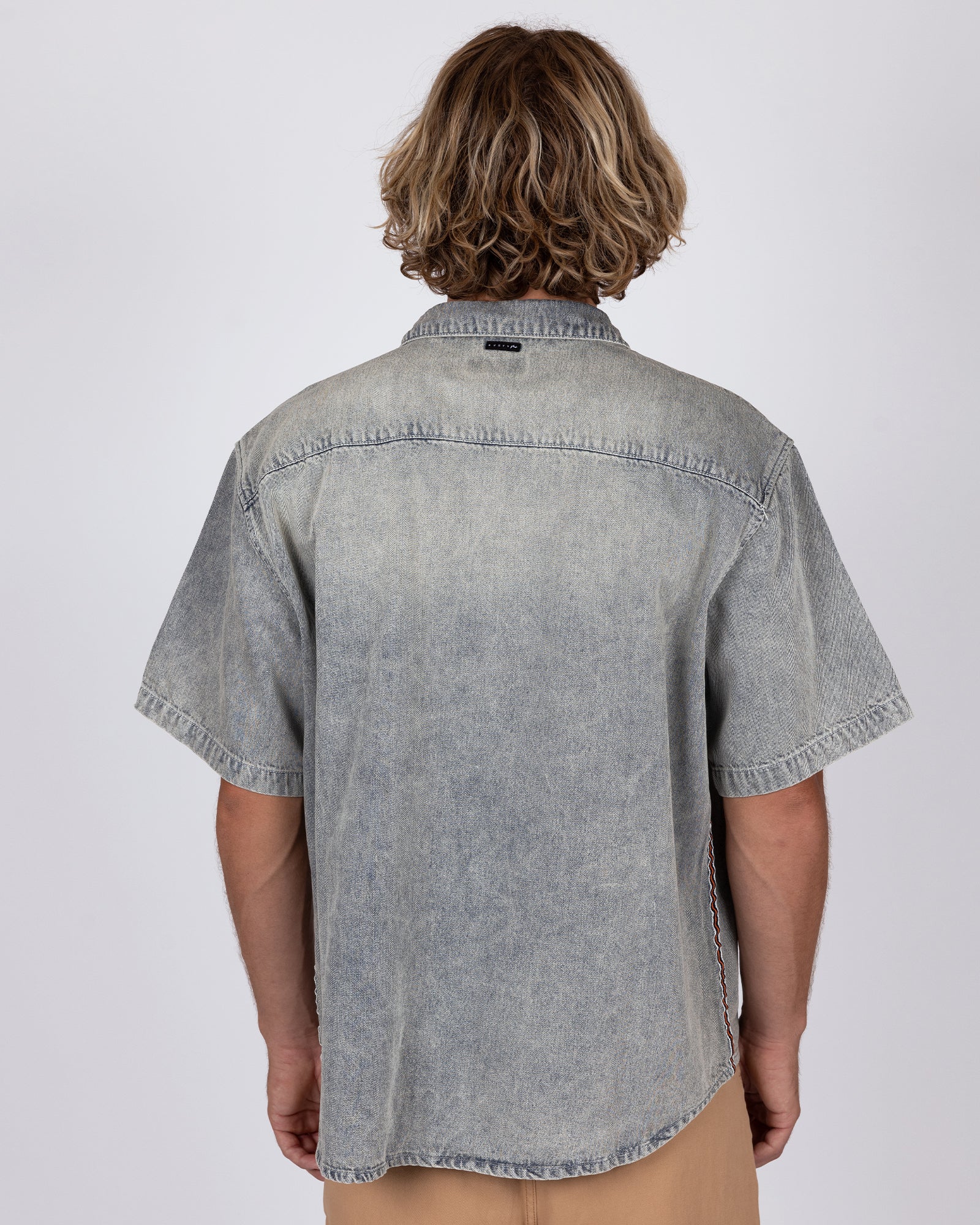 【NERDY】Denim S/S Shirts SET UP R6592 Vintage 70s 60s Distressed Trashed Denim Jean Work Pearl