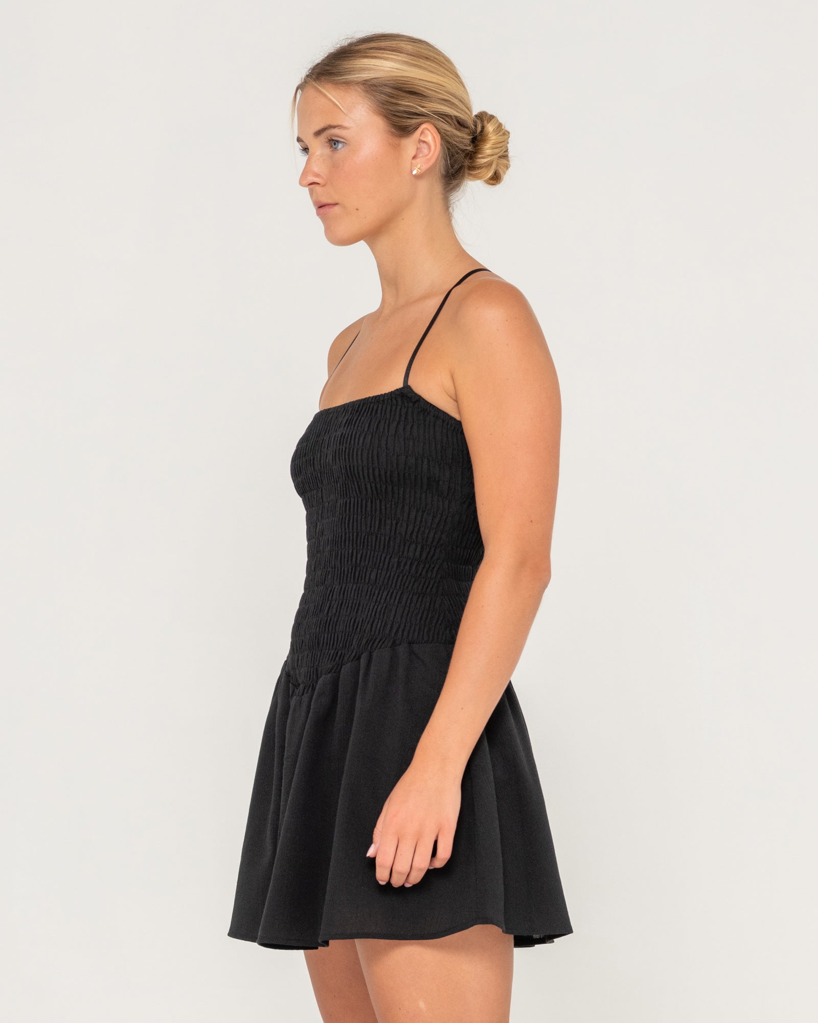 smocked mini dress black Black Cotton Zip Up Smocked Mini Dress main image 0